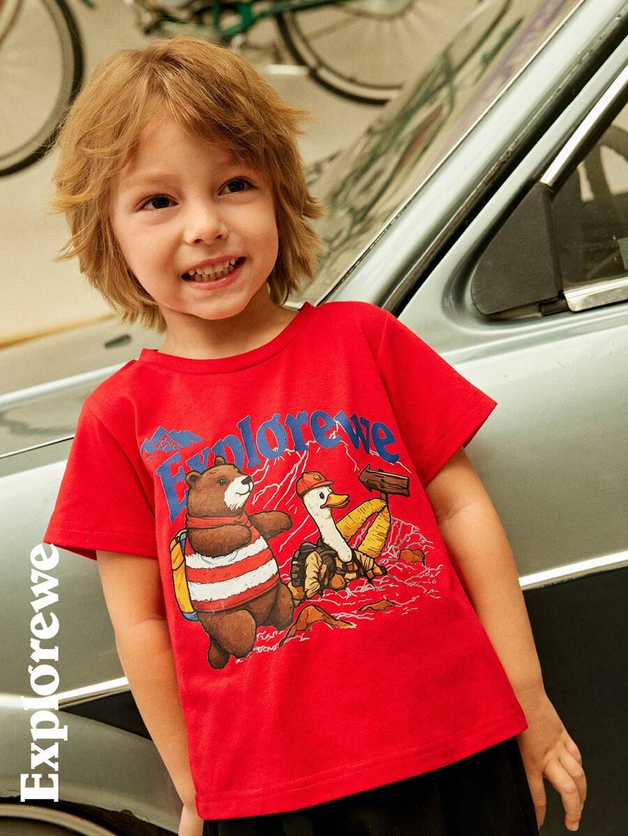 SHEIN 3pcs/Set Young Boys Outdoor Sport Bear & Duck Print Short Sleeve T-Shirts