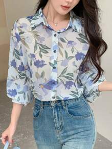 DAZY 花卉印花雪纺长袖女式衬衫 - 淺藍色 - 查看 6