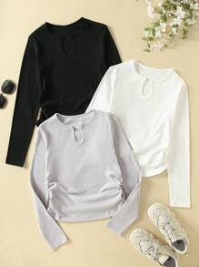 Teen Girls Long Sleeve Solid Color Basic T-Shirt, Suitable For Daily Commute, Casual, School And Gathering In Autumn - Black - View 1