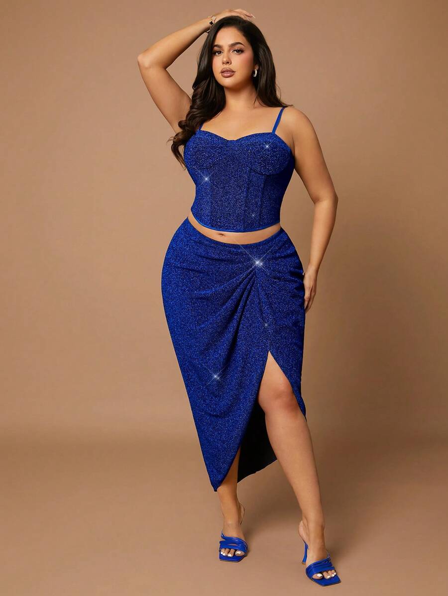 SHEIN BAE Váy xếp ly xẻ cao, màu xanh dương lấp lánh sequin, cỡ lớn, thích hợp cho tiệc mùa thu, thanh lịch, gợi cảm, dự tiệc Halloween và sinh nhật. - Màu xanh lam - Xem 1
