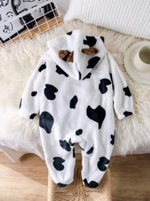 SHEIN Bộ đồ liền thân dày ấm áp cho bé trai/bé gái sơ sinh, vải in hình con bò dễ thương, thiết kế tai 3D, dài tay và quần, thích hợp cho mùa thu/đông, trong nhà và ngoài trời, tiệc mừng em bé chào đời - trắng - Xem 2
