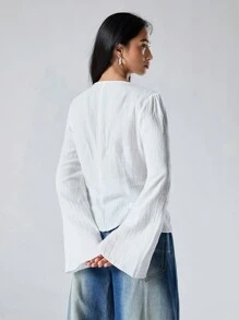 LYSMO Ramadan Women's Solid Color Long Sleeve Casual Tie Front Shirt