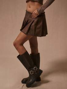 MUSERA 缝线腰褶PU迷你裙 Y2k 夏季感恩节派对 - 棕色 - 查看 3