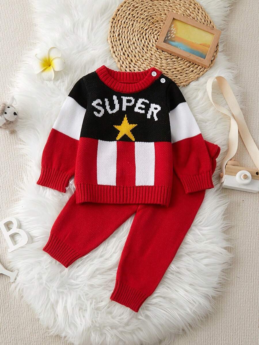 Baby Boy Knitted Sweater Set, Letter "Super" Intarsia Star Pattern, Cute All-Match Raglan Button Crew Neck Knit Pullover, Suitable For Autumn & Mild Winter, Versatile Layering And Outwear - Red - View 1