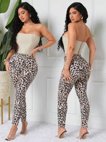 SHEIN SXY Women's Leopard Print Skinny Casual Denim Jeans - Multicolor - View 2