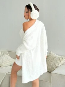 SHEIN Unity Bộ 2 váy liền thân bồng bềnh màu trơn thanh lịch và áo len cardigan, mùa thu - trắng - Xem 2