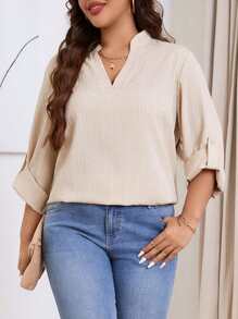 SHEIN LUNE Plus Size Women Casual Asymmetrical Hemline Notched Neck Button Decorated Texture Stripe Vacation Blouse, Autumn Thanksgiving Outfit Holiday Outfit