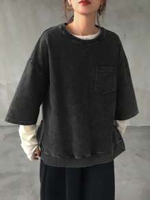 FRIFUL Women Casual Loose Round Neck Mid-Length Sleeve Split Open Sweatshirt - Black - View 4