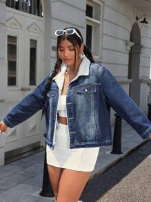 Plus Size Women Contrast Color Turn-Down Collar Long Sleeve Casual Loose Christmas Clothes Women Thanksgiving Outfit Women Thermal Denim Jacket For Autumn, For Winter