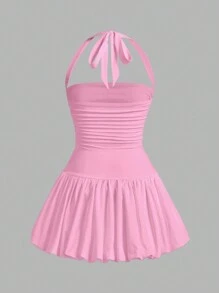 SHEIN EZwear 夏季浪漫休闲大码迷你吊带背心裙，带蝴蝶结和背部褶皱设计 - 粉色 - 查看 2