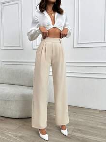 SHEIN Pantalon large taille haute couleur unie pour femmes