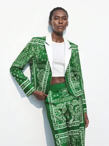 Maija 女式秋季时尚佩斯利印花撞色翻领西装外套 - 綠色 - 查看 1