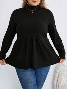 SHEIN CURVE+ Curve Plus Texture Autumn And Winter Bottoming Black T-Shirt - Black - View 7