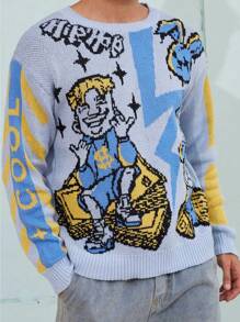 Manfinity Roghcode 男士圆领长袖图案印花简约休闲毛衣 - 藍色 - 查看 3