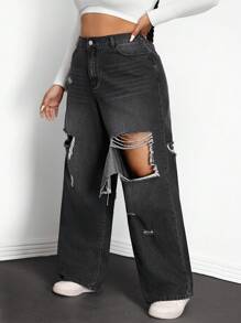 SHEIN EZwear 大码黑色破洞原色下摆直筒牛仔裤，适合秋季 - 灰色 - 查看 4