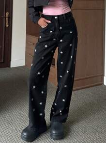 DAZY 1 条女式休闲纽扣前口袋印花牛仔裤