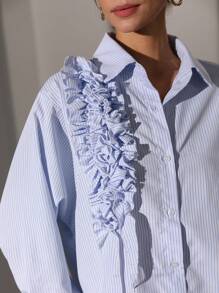 Aveloria Modichic 时尚通勤宽松休闲条纹 3D 褶边长袖女式衬衫