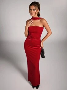 SHEIN BAE Elegante y hermoso vestido rojo de tubo de terciopelo, halter largo para fiestas, banquetes y reuniones, vestido rojo, ropa de mujer para Navidad, vestido elegante para boda, atuendo de mujer para Halloween, vestido de diosa griega, vestido para días festivos, vestido para fiesta de Navidad - Rojo - Ver 3