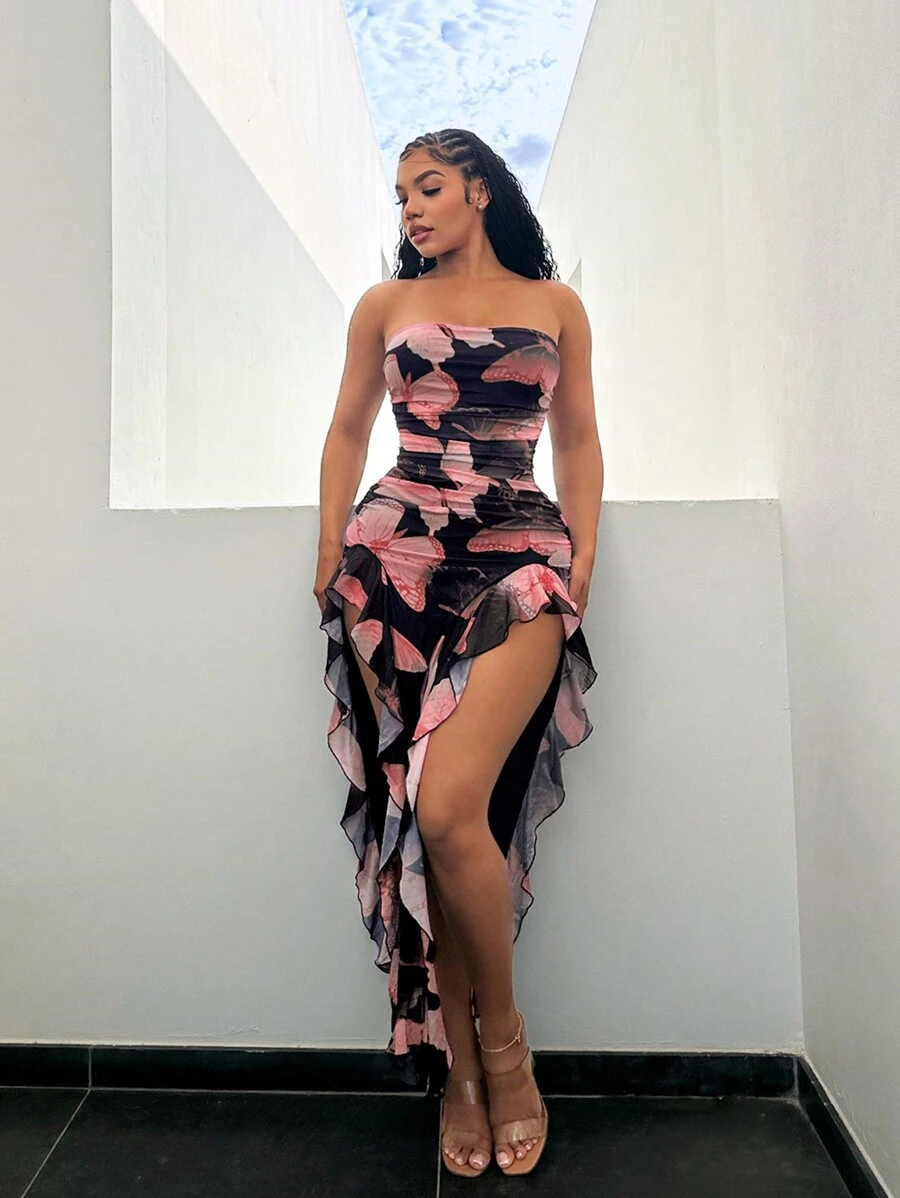 SHEIN SXY Summer Butterfly Print Flowy Ruffle Hem Backless High Slit Fitted Dress - Pink - View 1