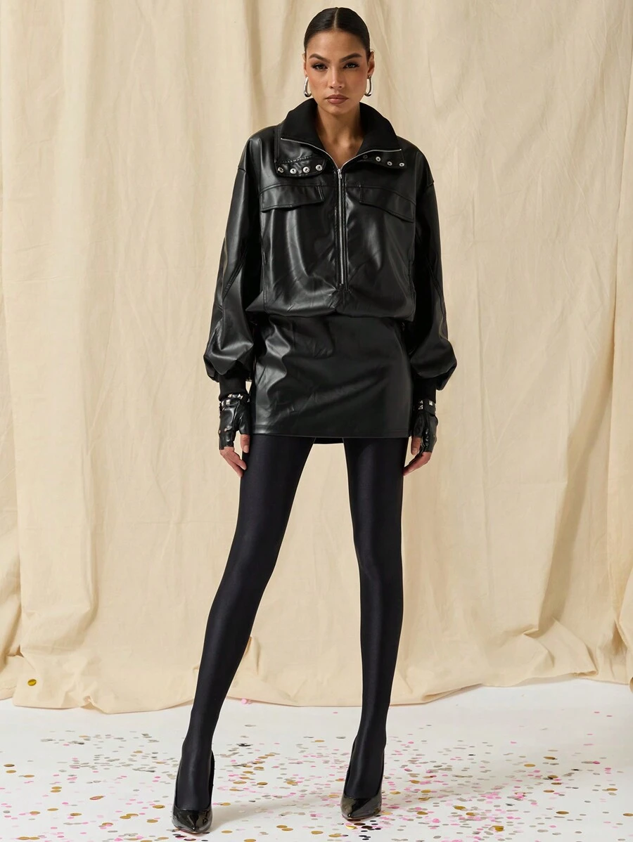 COSMINA 女士时尚拉链前半襟收腰 PU 皮革连衣裙，适合秋季 - 黑色 - 查看 1