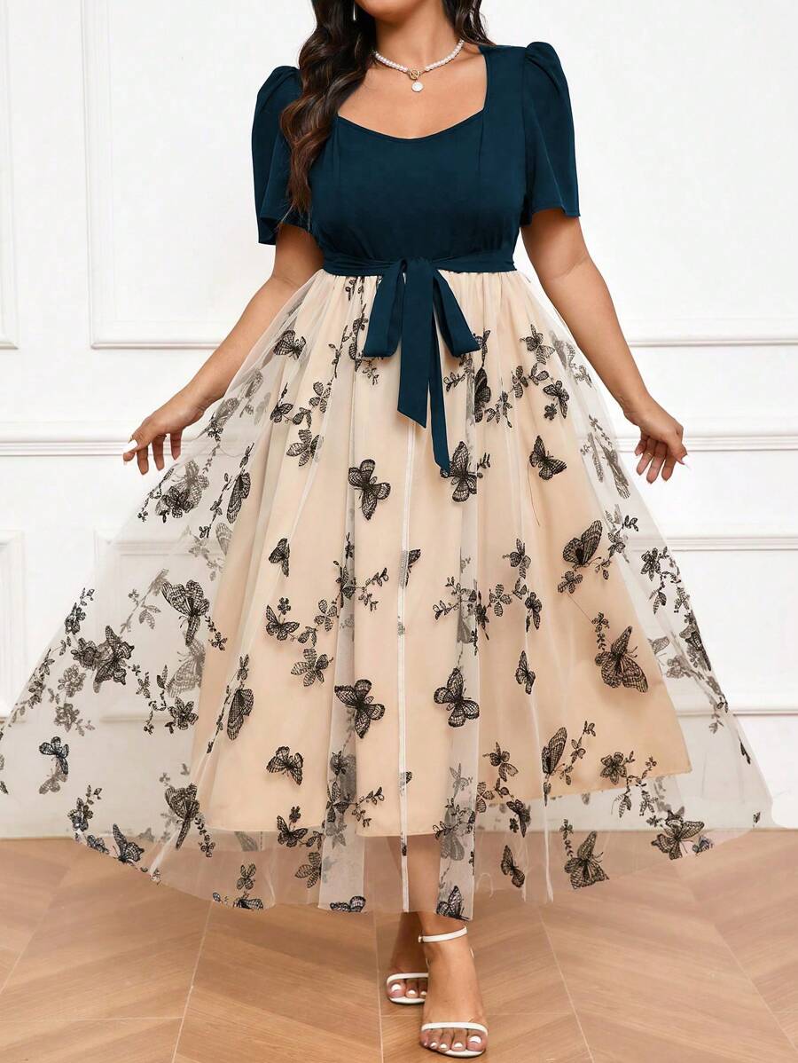 Cravure 加大码心形领结网眼拼布蝴蝶印花优雅短袖连衣裙长款女式婚礼装 - 藏蓝色 - 查看 1