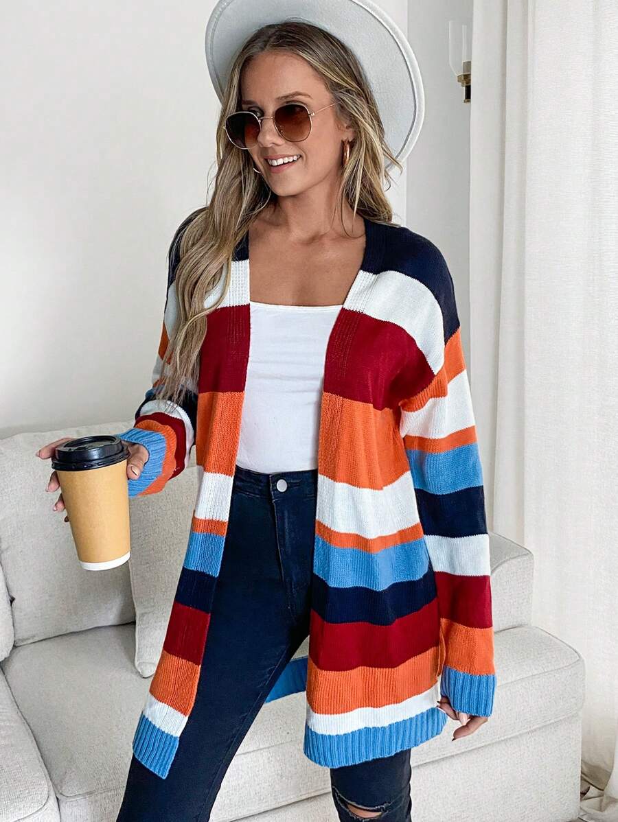 SHEIN LUNE Autumn/Winter Fashion Women's Striped Color Block Cardigan Sweater, Orange Sweater - Multicolor - View 1