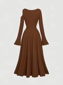 SHEIN MOD Váy dài ngang gối dệt kim màu nâu bất đối xứng cổ điển cho nữ mùa thu, váy mùa đông, váy - màu nâu - Xem 2