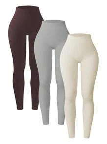 SHEIN Sports 3入組羅紋針織瑜伽打底褲無縫中度彈力收復緊身打底褲 - 彩色 - 查看 1
