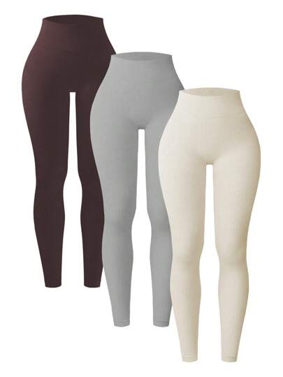 3 piezas Leggings de yoga de punto acanalado mallas de gimnasio inconsútil de estiramiento medio con control de barriga