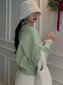 DAZY Áo len dài tay cổ tròn rộng rãi phối màu cho nữ - màu xanh lá - Xem 5