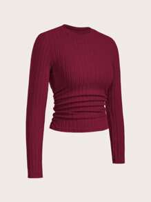 SHEIN Frenchy Women Casual Solid Color Ribbed Long Sleeve Fitted T-Shirt, Spring/Autumn - Burgundy - View 7