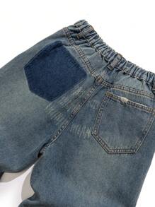 SHEIN Tween Boy Fashion Casual Vintage Cut Out Ripped Frayed Design Blue Denim Baggy Comfy Wide-Leg Jeans Boys Cool/Boys Thanksgiving Costume Dailywear And Fall/Winter - Blue - View 3