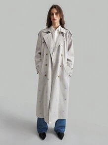 Ontre 2025 新款春季刺绣花卉浅卡其色女式风衣，中长款冬季女式外套 - 灰色 - 查看 4