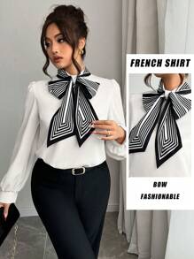 Elenzga 大码休闲优雅系领宽松通勤衬衫，秋季 - 白色 - 查看 1