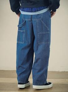 DAZY 男士休闲纯色拼布牛仔裤，适合秋季日常户外街头穿着 - 藍色 - 查看 2