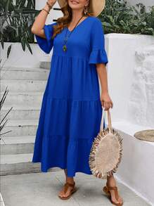 EMERY ROSE 大码女式深 V 领荷叶边袖多层下摆长款黄色连衣裙（夏季） - 寶藍色 - 查看 4