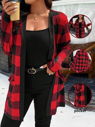 Calvaya Plus Size Christmas Red Plaid Jacket With Dual Pockets For New Year Clothes Fall Winter Cloth For Women Autumn