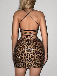 Sweetina Y2k Going Out Sexy Fashionable Spaghetti Strap Backless Leopard Print Sequins Bodycon Mini Dress - Multicolor - View 2