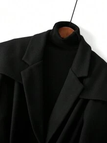SHEIN LUNE 大码女式拼色翻领长袖优雅长款大衣，秋冬 - 黑色 - 查看 3