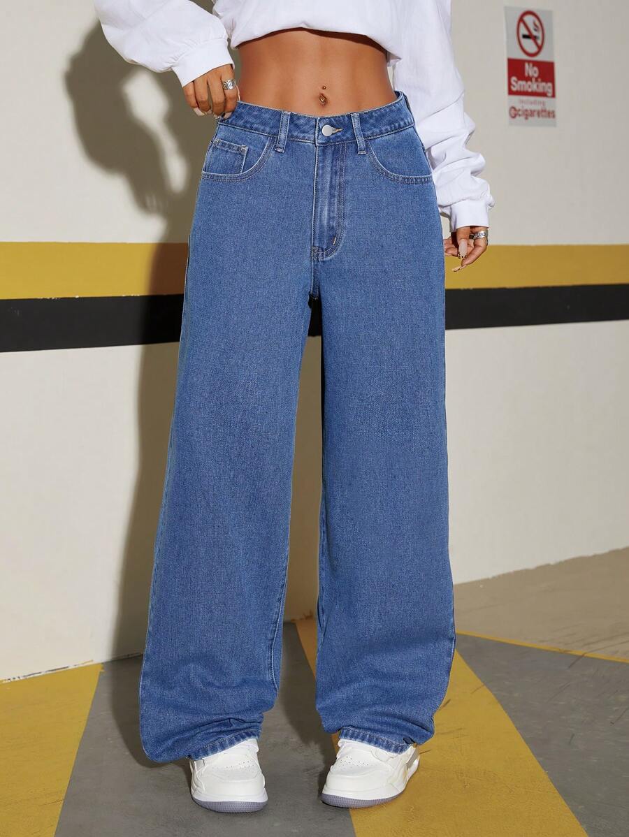 SHEIN Tall Quần Jeans Ống Thẳng Dáng Rộng Thoải Mái Cho Nữ Có Túi - Rửa trung bình - Xem 1