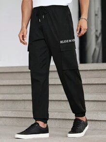 Manfinity Homme Men's Solid Color Front Lace-Up & Letter Print Pocket Casual Long Pants'