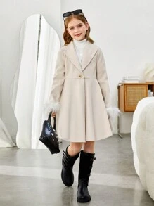 SHEIN Abrigo de manga larga con cuello vuelto, talle ceñido y aplique de borreguito para niñas preadolescentes, estilo casual y minimalista, cómodo, para Navidad