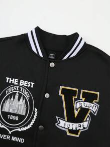 Manfinity Sporsity Men's Letter & Striped Long Sleeve Casual Baseball Jacket, Autumn, Mens Varsity Jacket, Baseball Jacket, Black And White Jacket