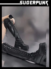 Sugerpunk Giày bốt đế dày đế tròn đế xuồng PU thời trang thường ngày cho nữ, đi tiệc, có khóa kéo cao đến đầu gối - màu đen - Xem 9