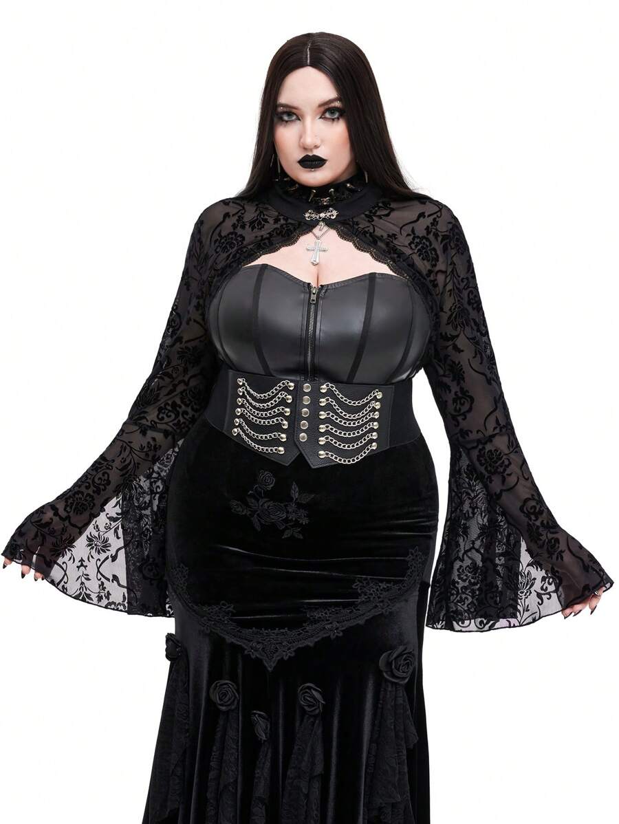 SHEIN Whyspr Plus Size Gothic Flocked Shawl Cover Up Vest Top Short