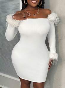 Slaydiva Váy midi dệt kim hở vai cao cấp thanh lịch cỡ lớn cho nữ (xù), Thu/Đông - trắng - Xem 17