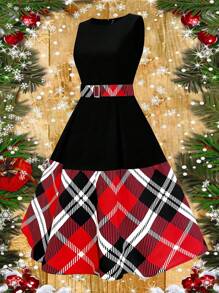 SHEIN Clasi Plus Size Women Plaid Patchwork Crew Neck Sleeveless Elegant Christmas Dress