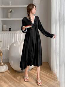 DAZY Women's Color Block V-Neck Waist Cinched Lace Patchwork Bow Long Sleeve Nightgown Pajama - Black - View 7