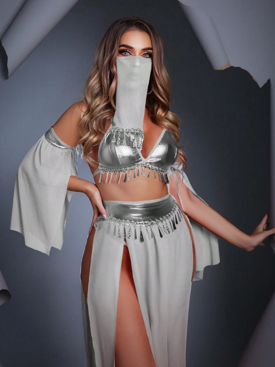 Fantasy Costume Bộ trang phục 2 món áo cánh và váy tua rua màu trơn dành cho nữ - Bạc - Xem 1