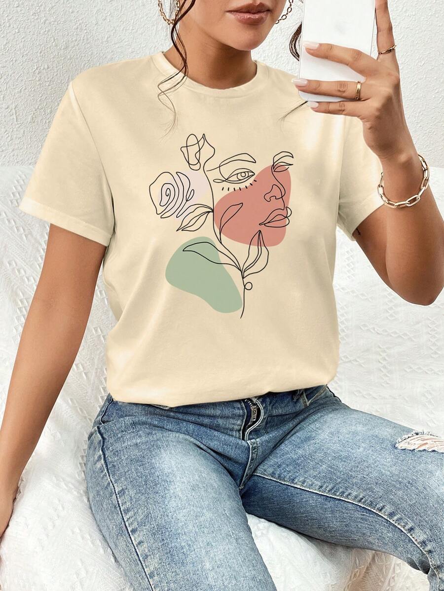 SHEIN Essnce Áo thun cổ tròn tay ngắn họa tiết chân dung trừu tượng & hoa giản dị dành cho nữ, mùa hè - Màu be - Xem 1